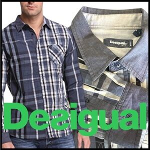 Desigual Cotton Athens Ink Blue Plaid Check Regular Fit Button Down Shirt (L)